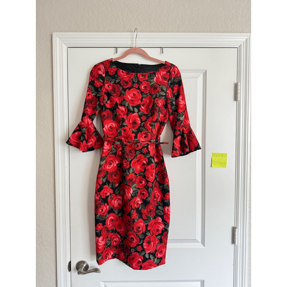 David Meister Red Rose Floral Bell Sleeve Belted Sheath Dress Size 2